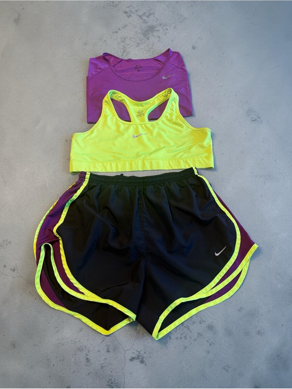 Nike Neon Yellow Sports Bra with Black Shorts & Purple Tee . Please note sizes - Picture 3 of 12